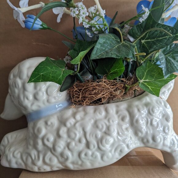 Vintage Playful Baby Lamb with Poke Dot Bow Tie Ceramic Planter Nursery Decor - Picture 2 of 11